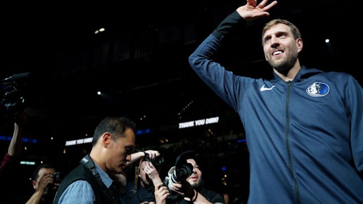 SAN ANTONIO, TX - APRIL 10: Dirk Nowitzki #41 of the Dallas Mavericks smiles before the game against the San Antonio Spurs on April 10, 2019 at the AT&T Center in San Antonio, Texas. NOTE TO USER: User expressly acknowledges and agrees that, by downloading and or using this photograph, user is consenting to the terms and conditions of the Getty Images License Agreement. Mandatory Copyright Notice: Copyright 2019 NBAE (Photos by Darren Carroll/NBAE via Getty Images)