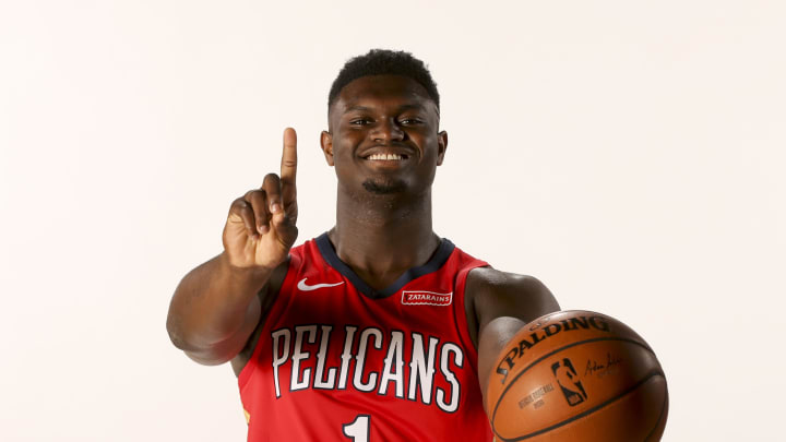 NEW ORLEANS, LA – JUNE 21: Zion Williamson #1 of the New Orleans Pelicans poses for a portrait on June 21, 2019 at the Ochsner Sports Performance Center in New Orleans, Louisiana. NOTE TO USER: User expressly acknowledges and agrees that, by downloading and or using this Photograph, user is consenting to the terms and conditions of the Getty Images License Agreement. Mandatory Copyright Notice: Copyright 2019 NBAE (Photo by Layne Murdoch/NBAE via Getty Images