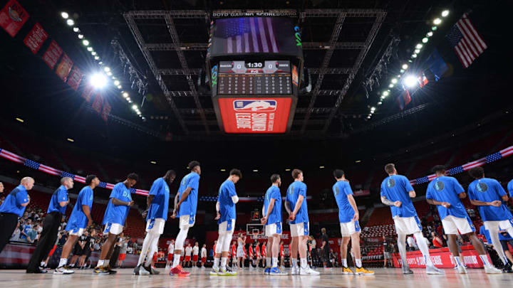 LAS VEGAS, NV - JULY 10: The Dallas Mavericks stand for the National Anthem before the game against Croatia on July 10, 2019 at the Thomas & Mack Center in Las Vegas, Nevada. NOTE TO USER: User expressly acknowledges and agrees that, by downloading and/or using this photograph, user is consenting to the terms and conditions of the Getty Images License Agreement. Mandatory Copyright Notice: Copyright 2019 NBAE (Photo by Bart Young/NBAE via Getty Images)