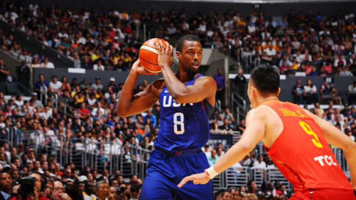 LOS ANGELES, CA - JULY 24: Harrison Barnes #8 of the USA Basketball Men's National Team handles the ball against China on July 24, 2016 at STAPLES Center in Los Angeles, California. NOTE TO USER: User expressly acknowledges and agrees that, by downloading and/or using this Photograph, user is consenting to the terms and conditions of the Getty Images License Agreement. Mandatory Copyright Notice: Copyright 2016 NBAE (Photo by Juan Ocampo/NBAE via Getty Images)