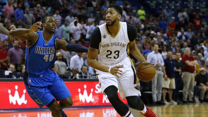 NEW ORLEANS, LA – MARCH 29: Anthony Davis #23 of the New Orleans Pelicans drives against Harrison Barnes #40 of the Dallas Mavericks during the first half of a game at the Smoothie King Center on March 29, 2017 in New Orleans, Louisiana. NOTE TO USER: User expressly acknowledges and agrees that, by downloading and or using this photograph, User is consenting to the terms and conditions of the Getty Images License Agreement. (Photo by Jonathan Bachman/Getty Images)