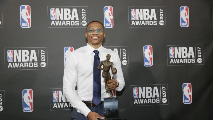 NEW YORK – JUNE 26: Russell Westbrook of the Oklahoma City Thunder after winning the Most Valuable Player of the Year award at the 2017 NBA Awards Show on June 26, 2017 at Basketball City in New York City. NOTE TO USER: User expressly acknowledges and agrees that, by downloading and/or using this photograph, user is consenting to the terms and conditions of the Getty Images License Agreement. Mandatory Copyright Notice: Copyright 2017 NBAE (Photo by Steven Freeman/NBAE via Getty Images)