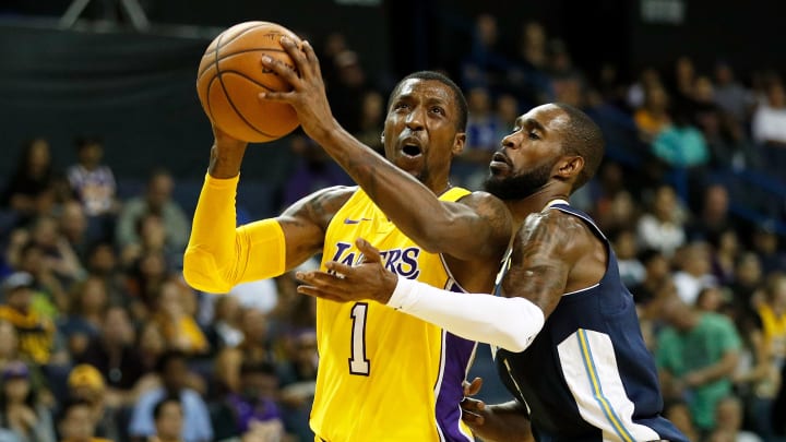 ONTARIO, CA – OCTOBER 04: Kentavious Caldwell-Pope #1 of the Los Angeles Lakers shoots the ball while being guarded by Will Barton #5 of the Denver Nuggets during a preseason game at Citizens Business Bank Arena on October 4, 2017 in Ontario, California. NOTE TO USER: User expressly acknowledges and agrees that, by downloading and or using this Photograph, user is consenting to the terms and conditions of the Getty Images License Agreement. (Photo by Josh Lefkowitz/Getty Images)