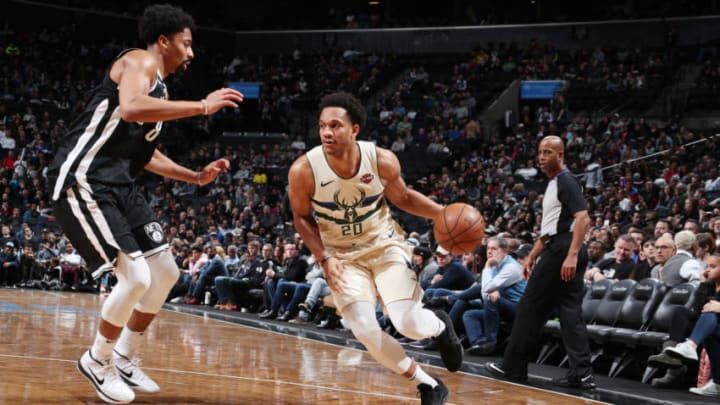 BROOKLYN, NY - FEBRUARY 4: Rashad Vaughn #20 of the Milwaukee Bucks handles the ball against the Brooklyn Nets on February 4, 2018 at Barclays Center in Brooklyn, New York. NOTE TO USER: User expressly acknowledges and agrees that, by downloading and/or using this photograph, user is consenting to the terms and conditions of the Getty Images License Agreement. Mandatory Copyright Notice: Copyright 2018 NBAE (Photo by Nathaniel S. Butler/NBAE via Getty Images)