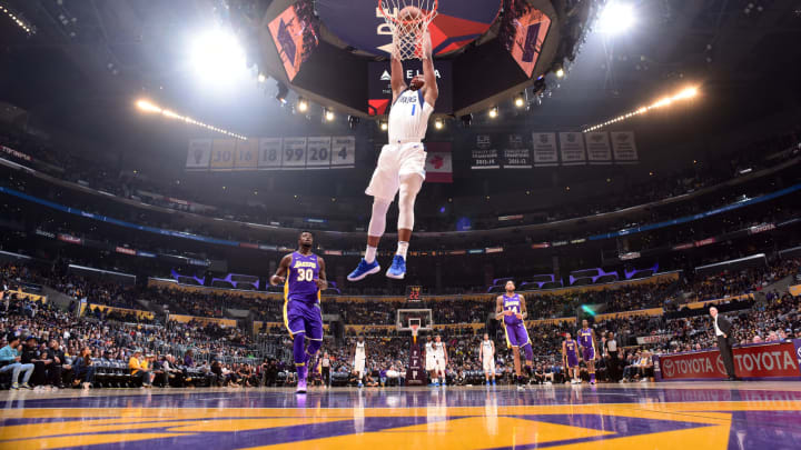 LOS ANGELES, CA – MARCH 28: Dennis Smith Jr. #1 of the Dallas Mavericks dunks the ball during the game against the Los Angeles Lakers on March 28, 2018 at STAPLES Center in Los Angeles, California. NOTE TO USER: User expressly acknowledges and agrees that, by downloading and/or using this Photograph, user is consenting to the terms and conditions of the Getty Images License Agreement. Mandatory Copyright Notice: Copyright 2018 NBAE (Photo by Andrew D. Bernstein/NBAE via Getty Images)