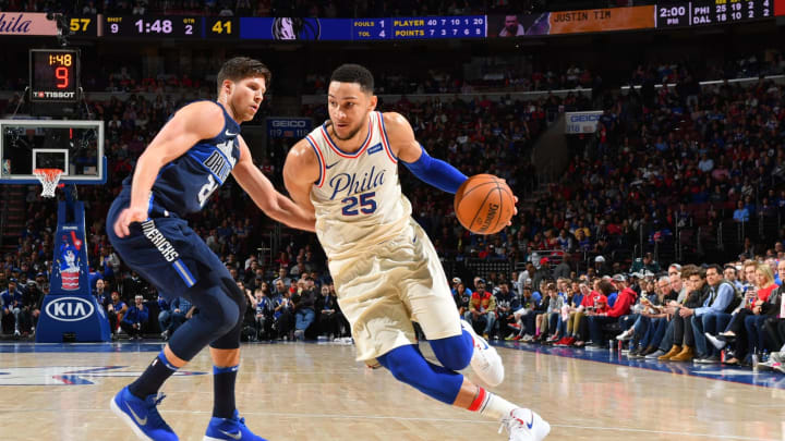 PHILADELPHIA, PA – APRIL 8: Ben Simmons #25 of the Philadelphia 76ers handles the ball against the Dallas Mavericks on April 8, 2018 at Wells Fargo Center in Philadelphia, Pennsylvania. NOTE TO USER: User expressly acknowledges and agrees that, by downloading and/or using this photograph, user is consenting to the terms and conditions of the Getty Images License Agreement. Mandatory Copyright Notice: Copyright 2018 NBAE (Photo by Jesse D. Garrabrant/NBAE via Getty Images)