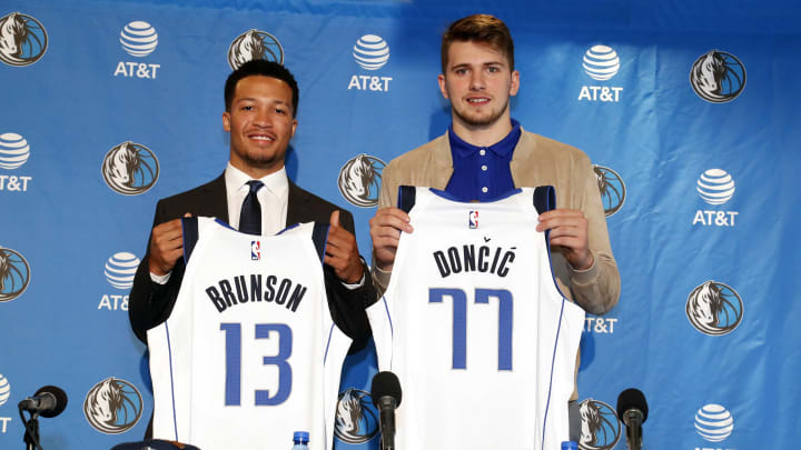 DALLAS, TX – JUNE 22: Draft Picks Jalen Brunson and Luka Doncic pose for a photo at the Post NBA Draft press conference on June 22, 2018 at the American Airlines Center in Dallas, Texas. NOTE TO USER: User expressly acknowledges and agrees that, by downloading and or using this photograph, User is consenting to the terms and conditions of the Getty Images License Agreement. Mandatory Copyright Notice: Copyright 2018 NBAE (Photo by Glenn James/NBAE via Getty Images)