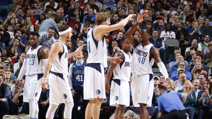 DALLAS, TX – JANUARY 30: Harrison Barnes #40 and Dirk Nowitzki #41 of the Dallas Mavericks react during the game against the Cleveland Cavaliers on January 30, 2017 at the American Airlines Center in Dallas, Texas. NOTE TO USER: User expressly acknowledges and agrees that, by downloading and or using this photograph, User is consenting to the terms and conditions of the Getty Images License Agreement. Mandatory Copyright Notice: Copyright 2017 NBAE (Photo by Danny Bollinger/NBAE via Getty Images)