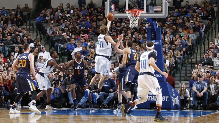 DALLAS, TX – FEBRUARY 9: Dirk Nowitzki #41 of the Dallas Mavericks shoots the ball against the Utah Jazz on February 9, 2017 at the American Airlines Center in Dallas, Texas. Dirk Nowitzki hit a jumper with 2.8 seconds remaining to send the Jazz and Mavericks to overtime tied 100-100. NOTE TO USER: User expressly acknowledges and agrees that, by downloading and or using this photograph, User is consenting to the terms and conditions of the Getty Images License Agreement. Mandatory Copyright Notice: Copyright 2017 NBAE (Photo by Danny Bollinger/NBAE via Getty Images)