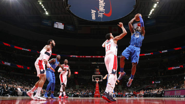 WASHINGTON, DC – NOVEMBER 7: Harrison Barnes #40 of the Dallas Mavericks shoots the ball against the Washington Wizards on November 7, 2017 at Capital One Arena in Washington, DC. NOTE TO USER: User expressly acknowledges and agrees that, by downloading and or using this Photograph, user is consenting to the terms and conditions of the Getty Images License Agreement. Mandatory Copyright Notice: Copyright 2017 NBAE (Photo by Ned Dishman/NBAE via Getty Images)