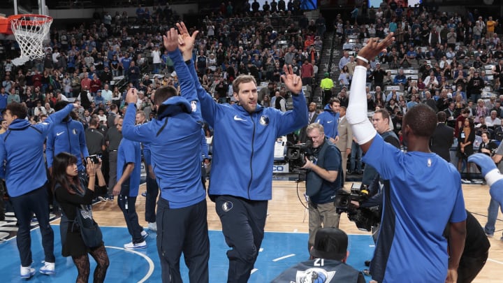 DALLAS, TX – NOVEMBER 20: Dirk Nowitzki #41 of the Dallas Mavericks is introduced prior to the game against the Boston Celtics on November 20, 2017 at the American Airlines Center in Dallas, Texas. NOTE TO USER: User expressly acknowledges and agrees that, by downloading and or using this photograph, User is consenting to the terms and conditions of the Getty Images License Agreement. Mandatory Copyright Notice: Copyright 2017 NBAE (Photo by Glenn James/NBAE via Getty Images)