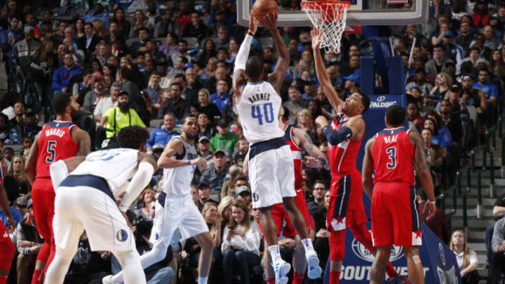 DALLAS, TX - JANUARY 22: Harrison Barnes #40 of the Dallas Mavericks shoots the ball against the Washington Wizards on January 22, 2018 at the American Airlines Center in Dallas, Texas. NOTE TO USER: User expressly acknowledges and agrees that, by downloading and or using this photograph, User is consenting to the terms and conditions of the Getty Images License Agreement. Mandatory Copyright Notice: Copyright 2018 NBAE (Photo by Danny Bollinger/NBAE via Getty Images)