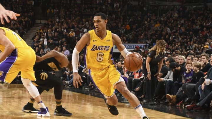 TORONTO, CANADA - JANUARY 28: Jordan Clarkson #6 of the Los Angeles Lakers handles the ball against the Toronto Raptors on January 28, 2018 at the Air Canada Centre in Toronto, Ontario, Canada. NOTE TO USER: User expressly acknowledges and agrees that, by downloading and or using this Photograph, user is consenting to the terms and conditions of the Getty Images License Agreement. Mandatory Copyright Notice: Copyright 2018 NBAE (Photo by Ron Turenne/NBAE via Getty Images)