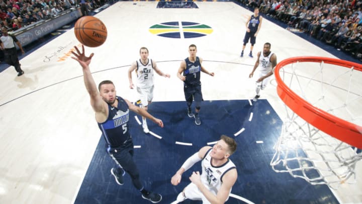 SALT LAKE CITY, UT - FEBRUARY 24: J.J. Barea #5 of the Dallas Mavericks shoots the ball against the Utah Jazz on February 24, 2018 at Vivint Smart Home Arena in Salt Lake City, Utah. NOTE TO USER: User expressly acknowledges and agrees that, by downloading and or using this Photograph, User is consenting to the terms and conditions of the Getty Images License Agreement. Mandatory Copyright Notice: Copyright 2018 NBAE (Photo by Melissa Majchrzak/NBAE via Getty Images)