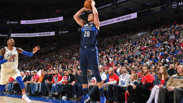 PHILADELPHIA, PA – APRIL 8: Doug McDermott #20 of the Dallas Mavericks shoots the ball against the Philadelphia 76ers on April 8, 2018 at Wells Fargo Center in Philadelphia, Pennsylvania. NOTE TO USER: User expressly acknowledges and agrees that, by downloading and/or using this photograph, user is consenting to the terms and conditions of the Getty Images License Agreement. Mandatory Copyright Notice: Copyright 2018 NBAE (Photo by Jesse D. Garrabrant/NBAE via Getty Images)