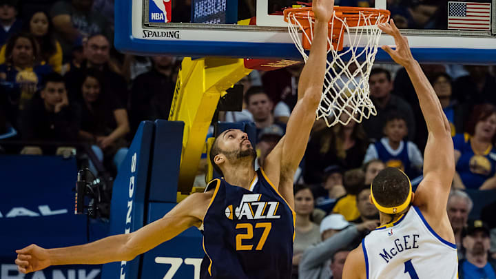 Apr 10, 2017; Oakland, CA, USA; Utah Jazz center Rudy Gobert (27) defends the shot by Golden State Warriors center JaVale McGee (1) during the fourth quarter at Oracle Arena. The Jazz won 105-99. Mandatory Credit: Kelley L Cox-USA TODAY Sports
