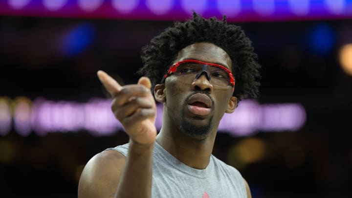 Feb 8, 2017; Philadelphia, PA, USA; Philadelphia 76ers center Joel Embiid (21) practices before a game against the San Antonio Spurs at Wells Fargo Center. Mandatory Credit: Bill Streicher-USA TODAY Sports
