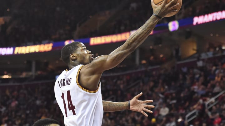 Feb 11, 2017; Cleveland, OH, USA; Cleveland Cavaliers guard DeAndre Liggins (14) during the second half against the Denver Nuggets at Quicken Loans Arena. The Cavs won 125-109. Mandatory Credit: Ken Blaze-USA TODAY Sports