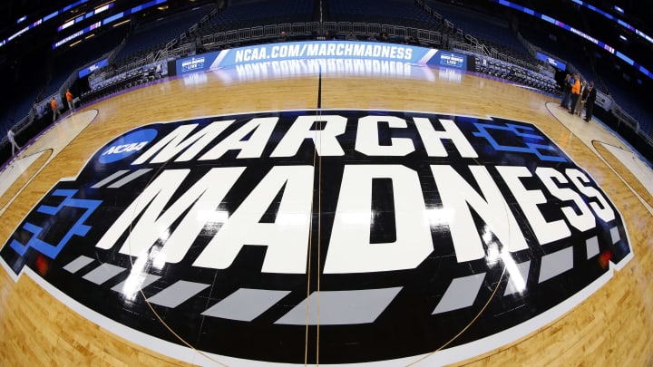 Mar 15, 2017; Orlando, FL, USA; General view of the March Madness logo during practice prior to the first round of the NCAA Tournament at Amway Center. Mandatory Credit: Kim Klement-USA TODAY Sports