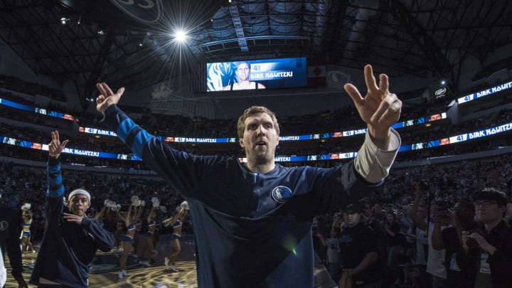 Mar 25, 2017; Dallas, TX, USA; Dallas Mavericks forward Dirk Nowitzki (41) is introduced before the game between the Mavericks and the Toronto Raptors at the American Airlines Center. The Raptors defeat the Mavericks 94-86. Mandatory Credit: Jerome Miron-USA TODAY Sports