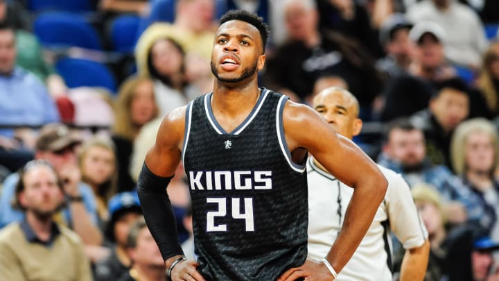 Apr 1, 2017; Minneapolis, MN, USA; Sacramento Kings guard Buddy Hield (24) watches a free throw during the second half against the Minnesota Timberwolves at Target Center. The Kings won 123-117. Mandatory Credit: Jeffrey Becker-USA TODAY Sports