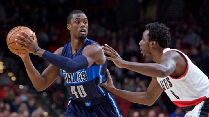 Dec 21, 2016; Portland, OR, USA; Dallas Mavericks forward Harrison Barnes (40) looks to pass around Portland Trail Blazers forward Al-Farouq Aminu (8) during the first quarter at the Moda Center. Mandatory Credit: Craig Mitchelldyer-USA TODAY Sports