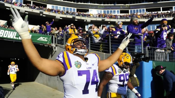 Dec 30, 2014; Nashville, TN, USA; LSU Tigers guard Vadal Alexander (74) takes the field prior to the game against the Notre Dame Fighting Irish in the Music City Bowl at LP Field. Mandatory Credit: Christopher Hanewinckel-USA TODAY Sports