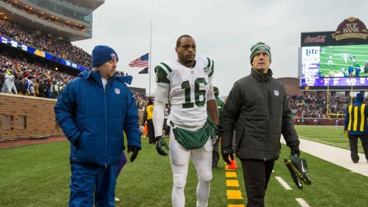 Dec 7, 2014; Minneapolis, MN, USA; New York Jets wide receiver Percy Harvin (16) is helped off the field during the fourth quarter against the Minnesota Vikings at TCF Bank Stadium. The Vikings defeated the Jets 30-24 in overtime. Mandatory Credit: Brace Hemmelgarn-USA TODAY Sports