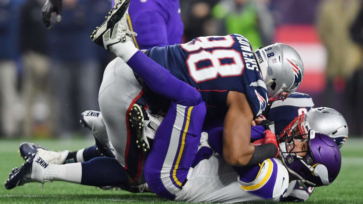 FOXBOROUGH, MA - DECEMBER 02: Trey Flowers #98 and Adam Butler #70 of the New England Patriots sack Kirk Cousins #8 of the Minnesota Vikings during the first quarter at Gillette Stadium on December 2, 2018 in Foxborough, Massachusetts. (Photo by Billie Weiss/Getty Images)