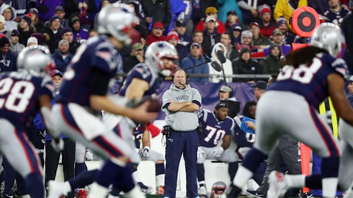 FOXBOROUGH, MA - DECEMBER 02: Head coach Bill Belichick of the New England Patriots looks on during the second half against the Minnesota Vikings at Gillette Stadium on December 2, 2018 in Foxborough, Massachusetts. (Photo by Adam Glanzman/Getty Images)