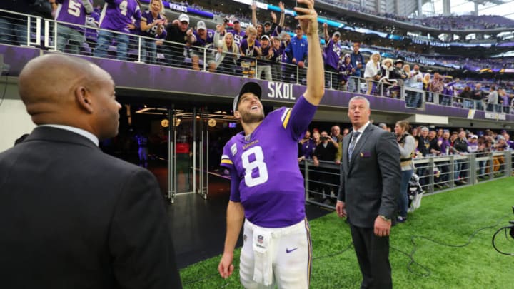 MINNEAPOLIS, MN - OCTOBER 13: Kirk Cousins #8 of the Minnesota Vikings celebrates after the Minnesota Vikings defeated the Philadelphia Eagles 38-20 at U.S. Bank Stadium on October 13, 2019 in Minneapolis, Minnesota. (Photo by Adam Bettcher/Getty Images)