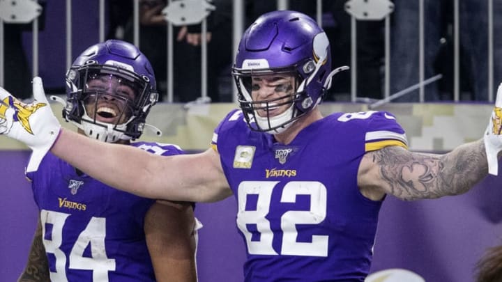 MINNEAPOLIS, MN - NOVEMBER 17: Kyle Rudolph (82) of the Minnesota Vikings celebrated after scoring touchdown in the fourth quarter against the Denver Broncos during an NFL football game at U.S. Bank Stadium on Sunday, November 17, 2019 in Minneapolis, Minnesota. (Photo by Carlos Gonzalez/Star Tribune via Getty Images)