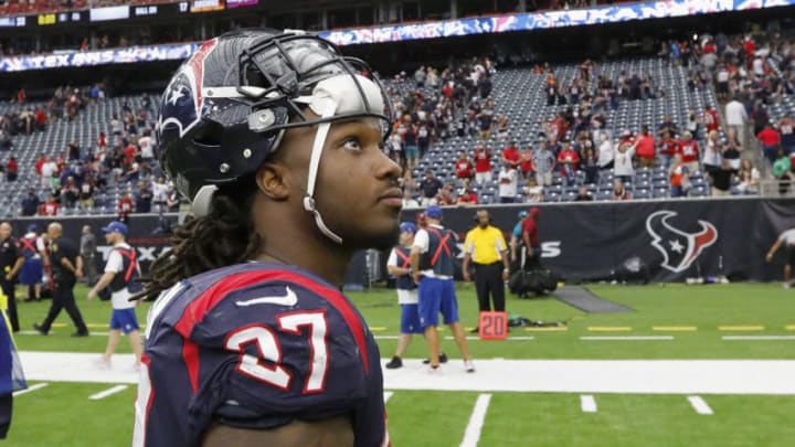 HOUSTON, TX - OCTOBER 15: D'Onta Foreman #27 of the Houston Texans walks off the field after the game against the Cleveland Browns at NRG Stadium on October 15, 2017 in Houston, Texas. (Photo by Tim Warner/Getty Images)