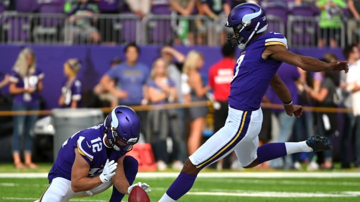 MINNEAPOLIS, MN - AUGUST 18: Newly acquired kicker Kaare Vedvik #7 of the Minnesota Vikings warms up before the preseason game against the Seattle Seahawks at U.S. Bank Stadium on August 18, 2019 in Minneapolis, Minnesota. (Photo by Stephen Maturen/Getty Images)