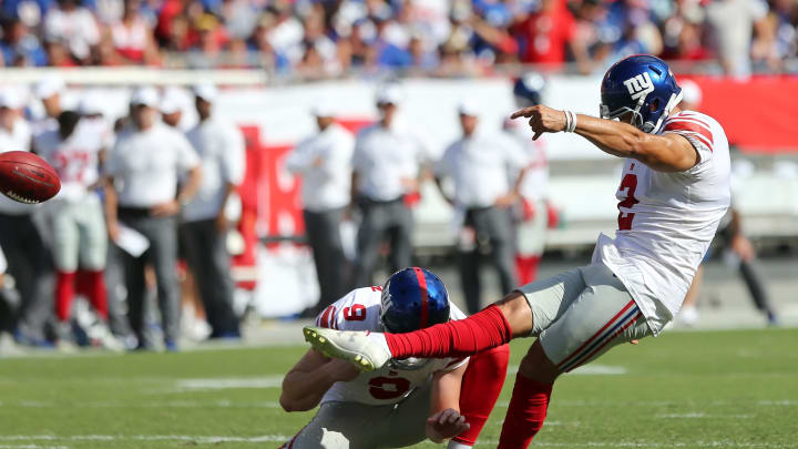 Aldrick Rosas (2) of the Giants  (Photo by Cliff Welch/Icon Sportswire via Getty Images)