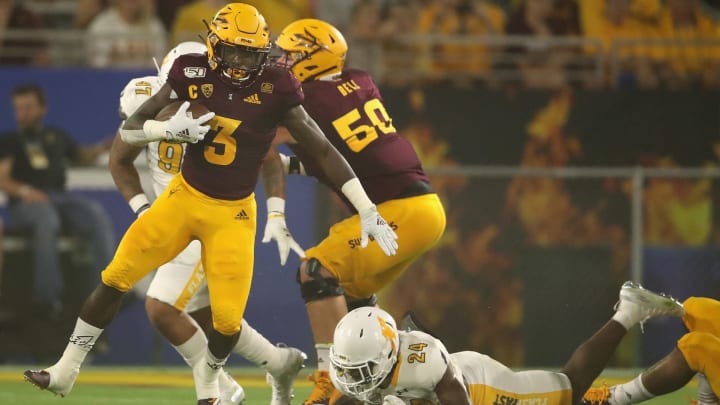 TEMPE, ARIZONA – AUGUST 29: Running back Eno Benjamin #3 of the Arizona State Sun Devils rushes the football against the Kent State Golden Flashes during the first half of the NCAAF game at Sun Devil Stadium on August 29, 2019 in Tempe, Arizona. (Photo by Christian Petersen/Getty Images)