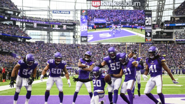 MINNEAPOLIS, MN - OCTOBER 13: Mackensie Alexander #20 of the Minnesota Vikings celebrates with teammates after intercepting the ball in the fourth quarter of the game against the Philadelphia Eagles at U.S. Bank Stadium on October 13, 2019 in Minneapolis, Minnesota. (Photo by Stephen Maturen/Getty Images)