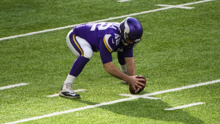 MINNEAPOLIS, MN - DECEMBER 20: Andrew DePaola #42 of the Minnesota Vikings warms up before the game against the Chicago Bears at U.S. Bank Stadium on December 20, 2020 in Minneapolis, Minnesota. (Photo by Stephen Maturen/Getty Images)