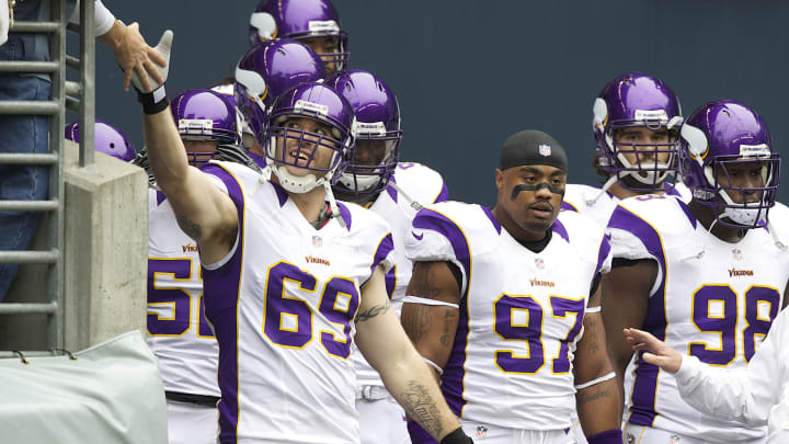 Jared Allen #69 and Everson Griffen #97 of the Minnesota Vikings. (Photo by Stephen Brashear/Getty Images)