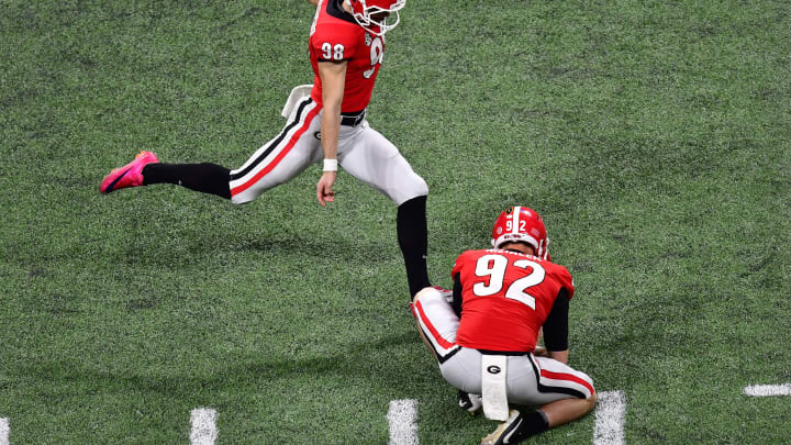 ATLANTA, GA - JANUARY 08: Rodrigo Blankenship #98 of the Georgia Bulldogs kicks a field goal in overtime against the Alabama Crimson Tide in the CFP National Championship presented by AT&T at Mercedes-Benz Stadium on January 8, 2018 in Atlanta, Georgia. (Photo by Scott Cunningham/Getty Images)