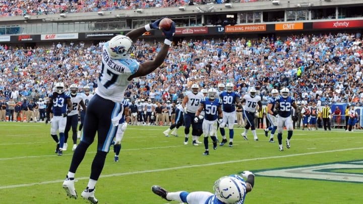 Sep 27, 2015; Nashville, TN, USA; Tennessee Titans receiver Dorial Green-Beckham (17) catches a pass in the end zone during the second half against the Indianapolis Colts at Nissan Stadium. Mandatory Credit: Christopher Hanewinckel-USA TODAY Sports