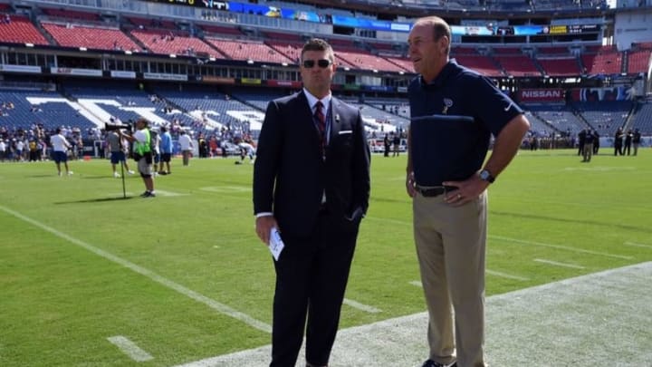 Sep 11, 2016; Nashville, TN, USA; Tennessee Titans general manager Jon Robinson (left) talks with head coach Mike Mularkey prior to the game against the Minnesota Vikings at Nissan Stadium. Mandatory Credit: Christopher Hanewinckel-USA TODAY Sports