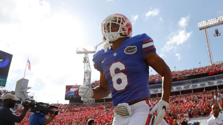 Oct 29, 2016; Jacksonville, FL, USA; Florida Gators defensive back Quincy Wilson (6) and teammates run out of the tunnel before the game against the Georgia Bulldogs at EverBank Field. Mandatory Credit: Kim Klement-USA TODAY Sports