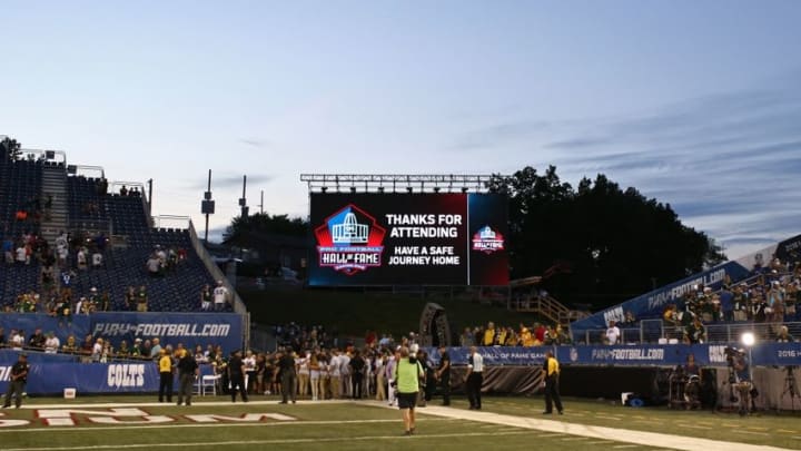 Aug 7, 2016; Canton, OH, USA; A general view as fans leave the 2016 Hall of Fame Game at Tom Benson Hall of Fame Stadium. The game was cancelled due to safety concerns with the condition of the playing surface. Mandatory Credit: Aaron Doster-USA TODAY Sports