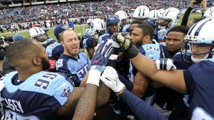Jan 1, 2017; Nashville, TN, USA; Tennessee Titans former player Tim Shaw who suffers from ALS fires up his team before the game against the Houston Texans at Nissan Stadium. Mandatory Credit: George Walker IV/The Tennessean via USA TODAY Sports