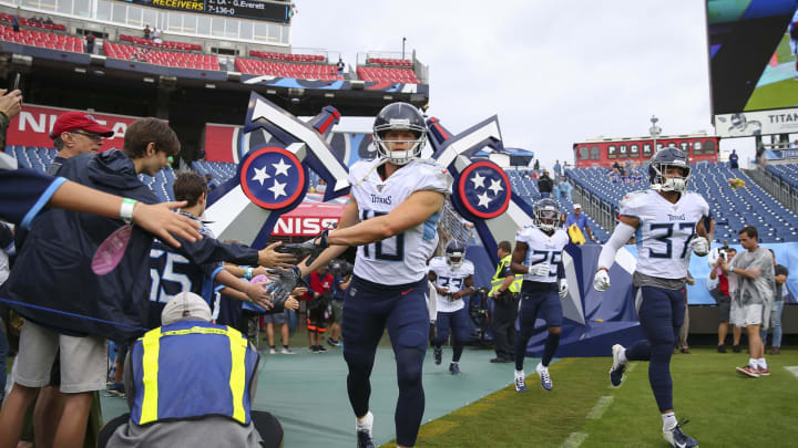 NASHVILLE, TENNESSEE – OCTOBER 06: Adam Humphries #10 of the Tennessee Titans runs on to the field before the game against the Buffalo Bills at Nissan Stadium on October 06, 2019 in Nashville, Tennessee. (Photo by Silas Walker/Getty Images)