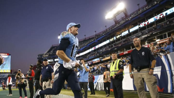 NASHVILLE, TENNESSEE - OCTOBER 20: Ryan Tannehill #17 of the Tennessee Titans runs off the fiend after the game with the Los Angeles Chargers at Nissan Stadium on October 20, 2019 in Nashville, Tennessee. (Photo by Silas Walker/Getty Images)