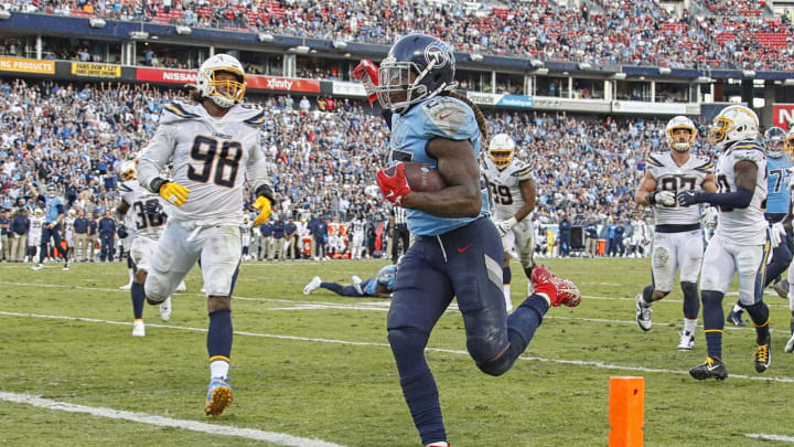 NASHVILLE, TENNESSEE – OCTOBER 20: Derrick Henry #22 of the Tennessee Titans scores a touchdown against the Los Angeles Chargers during the second half at Nissan Stadium on October 20, 2019 in Nashville, Tennessee. (Photo by Frederick Breedon/Getty Images)