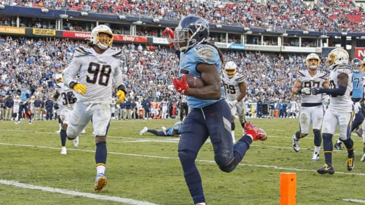 NASHVILLE, TENNESSEE - OCTOBER 20: Derrick Henry #22 of the Tennessee Titans scores a touchdown against the Los Angeles Chargers during the second half at Nissan Stadium on October 20, 2019 in Nashville, Tennessee. (Photo by Frederick Breedon/Getty Images)