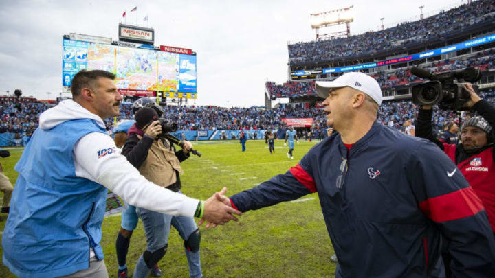 NASHVILLE, TN - DECEMBER 15: Head coach Mike Vrabel of the Tennessee Titans shakes hands with head coach Bill O'Brien of the Houston Texans after the game at Nissan Stadium on December 15, 2019 in Nashville, Tennessee. Houston defeats Tennessee 24-21. (Photo by Brett Carlsen/Getty Images)